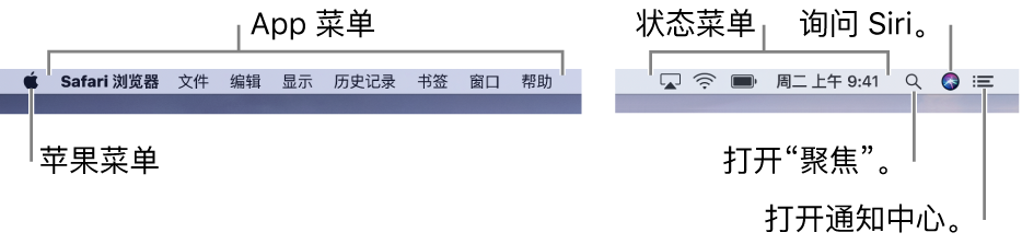 菜单栏。左侧是苹果菜单和 App 菜单。右侧是状态菜单,以及“聚焦”、Siri 和“通知中心”图标。