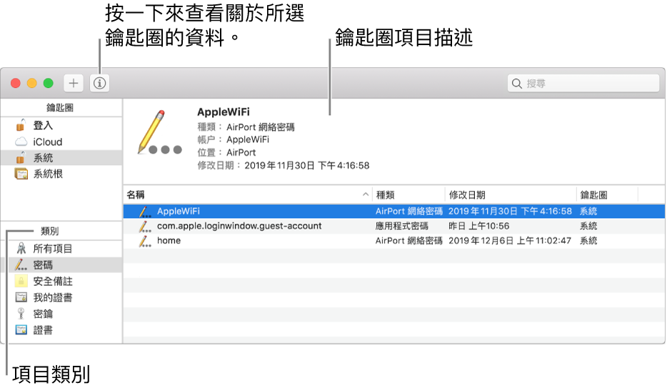 「鑰匙圈存取」視窗的主要區域:類別列表、鑰匙圈項目列表和鑰匙圈項目描述。