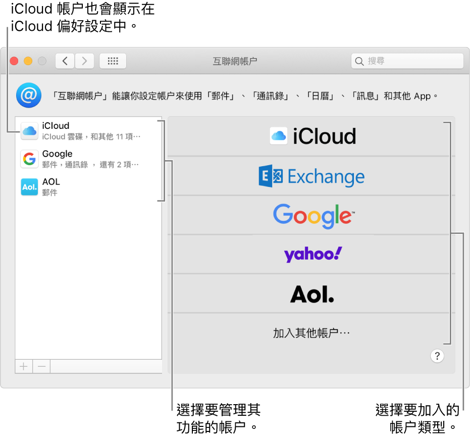 互聯網帳户偏好設定,其右側列出 iCloud 和 Twitter 帳户,而左側則列出可使用的帳户類型。
