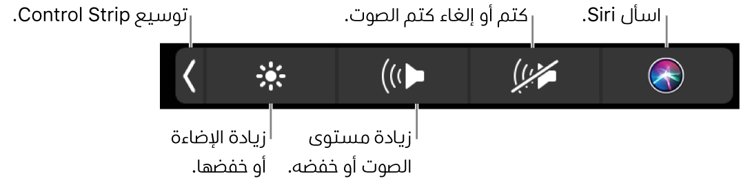 يتضمن الـ Control Strip المطوي أزرارًا—من اليسار إلى اليمين—لتوسيع الـ Control Strip، وزيادة أو خفض سطوع شاشة العرض ومستوى الصوت، وكتم أو إلغاء كتم الصوت، واسأل Siri.