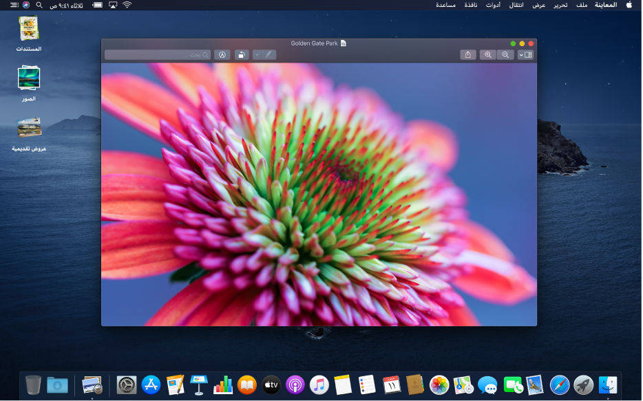 سطح مكتب جهاز Mac تم تعيينه على المظهر الداكن يعرض نافذة تطبيق، Dock، وشريط القائمة الداكن.