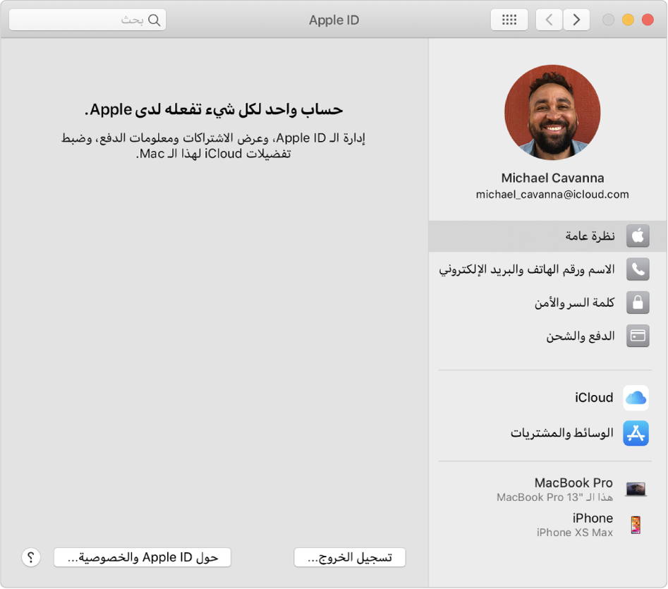 تفضيلات Apple ID تعرض شريطًا جانبيًا لأنواع مختلفة من خيارات الحساب التي يمكنك استخدامها وتفضيلات النظرة العامة ويظهر بها زر تسجيل الخروج.