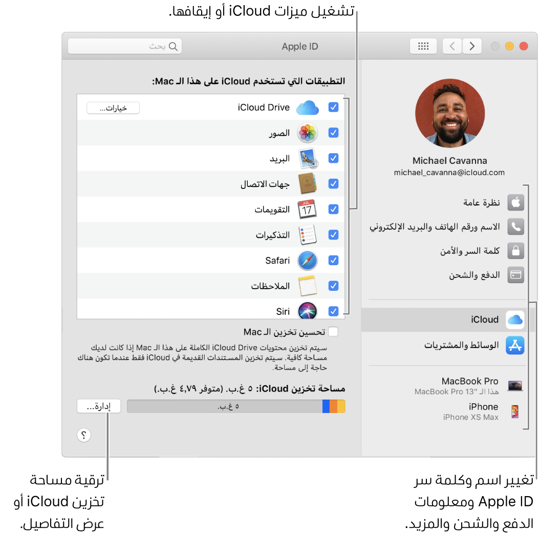 تفضيلات iCloud مع تحديد جميع الميزات.