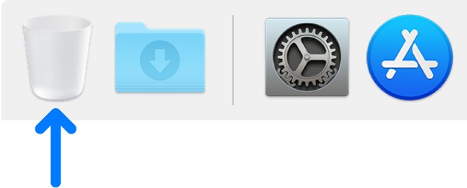 سهم أزرق يشير إلى أيقونة سلة المهملات في الـ Dock.