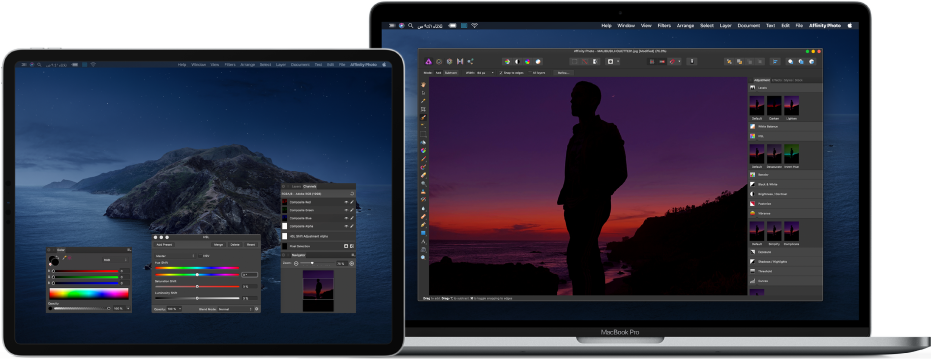 كمبيوتر MacBook Pro بجوار جهاز iPad Pro. يظهر على سطح مكتب الـ Mac النافذة الرئيسية لتطبيق خاص بتحرير الصور، ويظهر على الـ iPad نوافذ إضافية مفتوحة من التطبيق لمهام تحرير الصور المعقدة.