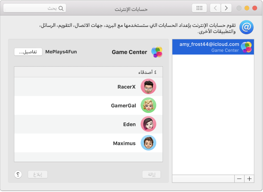 حساب Game Center في حسابات الإنترنت.