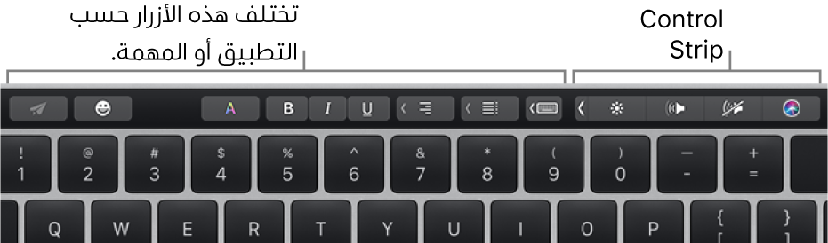 يتواجد Touch Bar في الجزء العلوي من لوحة المفاتيح، مع الأزرار التي تختلف حسب التطبيق أو المهمة على اليسار والـ Control Strip المطوي على اليمين.