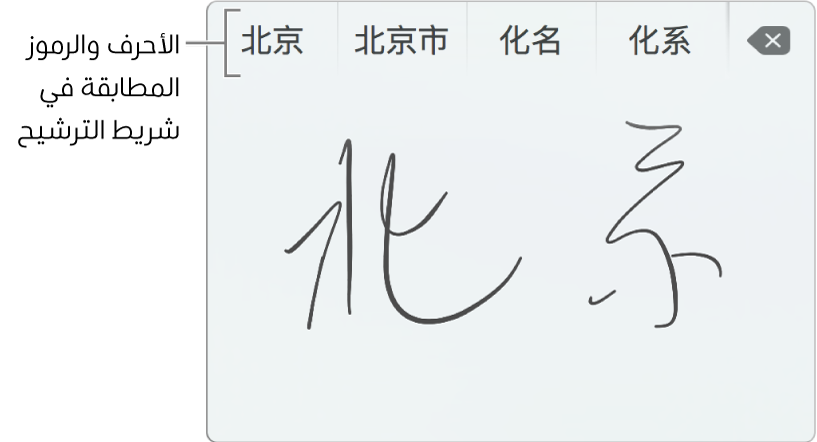 نافذة الكتابة باليد على لوحة التعقب تعرض كلمة "بكين" مكتوبة بخط اليد باللغة الصينية المبسطة. عندما ترسم أشرطة على لوحة التعقب، فإن شريط المرشحين (في الجزء العلوي من نافذة الكتابة باليد على لوحة التعقب) يُظهر الأحرف والرموز التي يُحتمل تطابقها. اضغط على مرشح لتحديده.