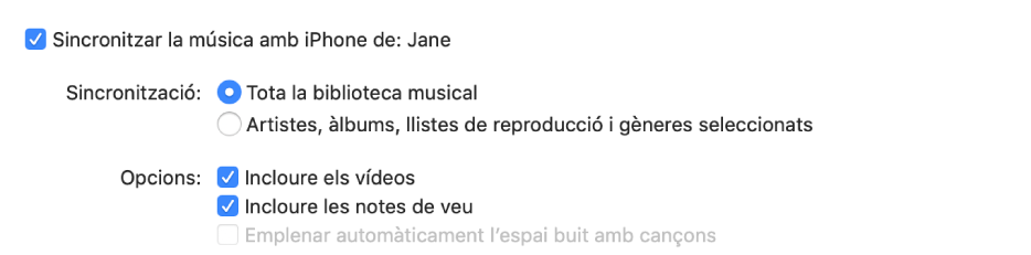 La casella “Sincronitzar la música al dispositiu” amb opcions addicionals per sincronitzar tota la biblioteca o només els ítems seleccionats i per incloure els vídeos i les notes de veu al procés de sincronització.