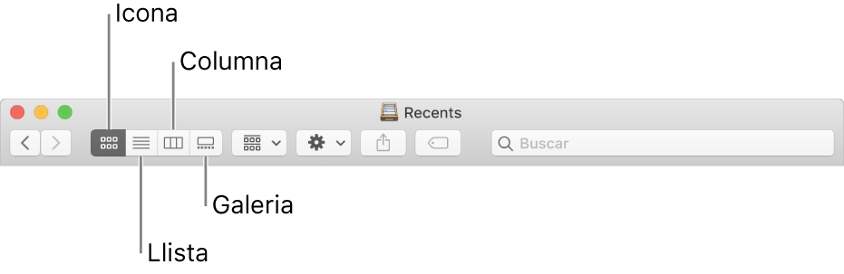 Els botons de visualització en una finestra del Finder.
