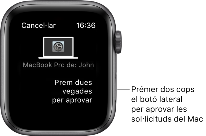 Apple Watch on es mostra una sol·licitud d’aprovació d’un MacBook Pro.