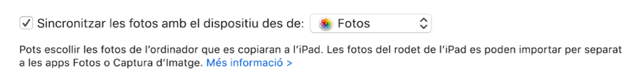 La casella “Sincronitzar al dispositiu les fotos de” marcada i la carpeta Fotos seleccionada al menú desplegable.