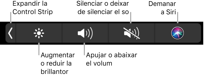 La Control Strip contreta inclou botons, d’esquerra a dreta, per ampliar la Control Strip, augmentar o reduir la brillantor de la pantalla i el volum, silenciar o activar el so i demanar a Siri.