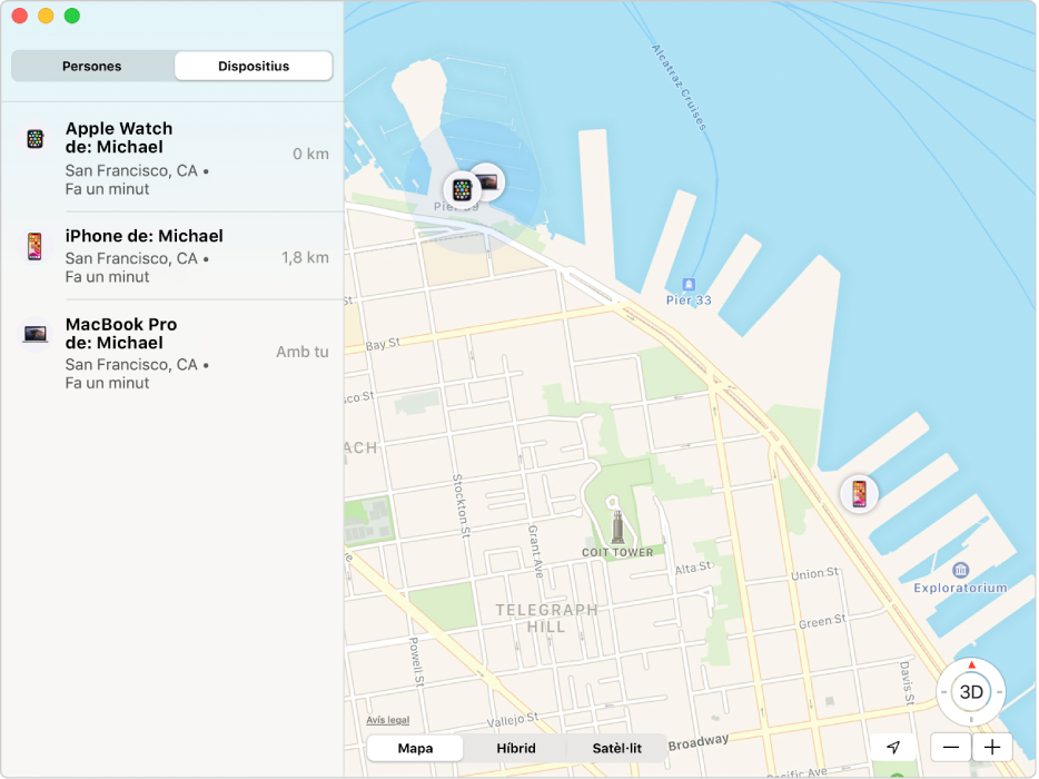 L’app Buscar que mostra una llista de dispositius a la barra lateral i les seves ubicacions en un mapa a la dreta.