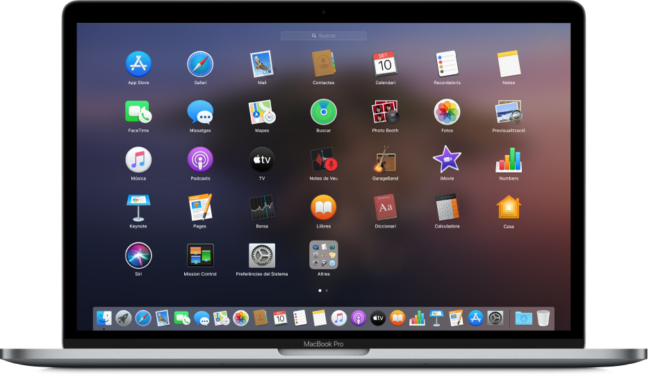 El Launchpad mostra icones d’apps en un patró de retícula per tota la pantalla del Mac.