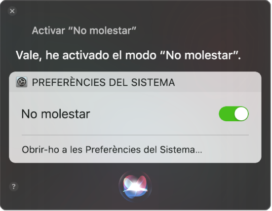 La finestra de Siri, amb una petició per completar una tasca, “Activa ’No molestar’”.