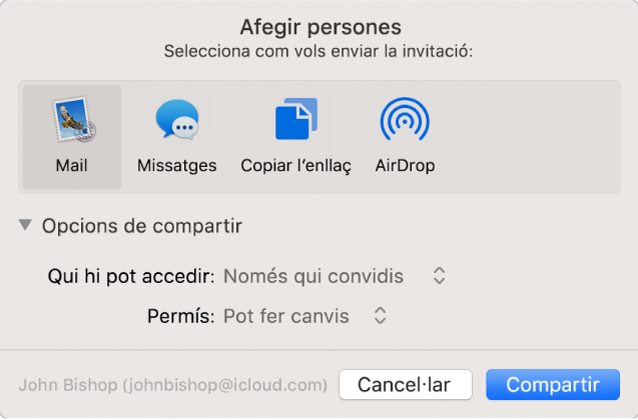 La finestra “Afegir persones”, amb apps que pots utilitzar per fer invitacions i opcions per compartir documents.