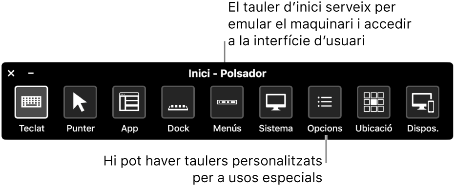 El tauler d’inici de “Control de polsador” conté botons per controlar, d’esquerra a dreta, el teclat, el punter, les apps, el Dock, la barra de menús, els controls del sistema, els taulers personalitzats, la ubicació de la pantalla i altres dispositius.