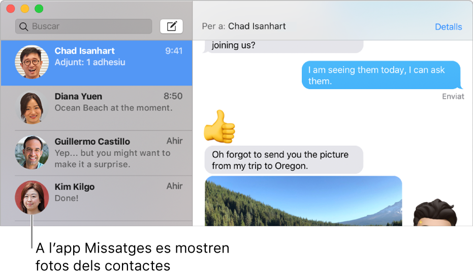 La barra lateral de l’app Missatges, amb imatges de persones al costat dels seus noms.