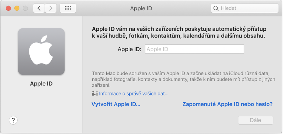 Dialogové okno Apple ID s polem pro zadání Apple ID. Odkaz Vytvořit Apple ID vám umožní vytvoření nového Apple ID.