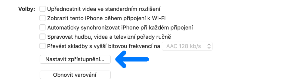 Volby pro synchronizaci s označeným tlačítkem Nastavit zpřístupnění.