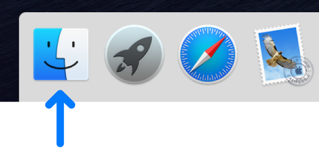 Modrá šipka ukazující na ikonu Finderu na levé straně Docku