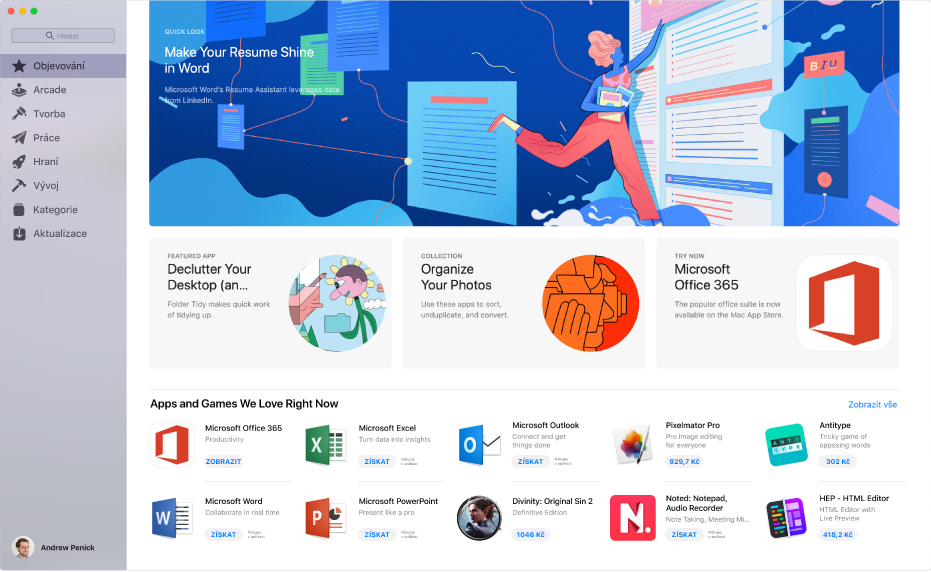 Okno App Storu s bočním panelem nalevo a oblastmi reagujícími na kliknutí napravo, včetně doporučených aplikací a sbírek a doporučených výběrů od redaktorů.