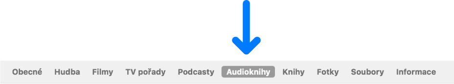 Řádek tlačítek s vybraným tlačítkem Audioknihy.