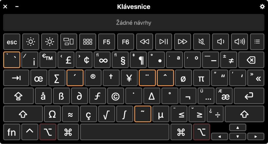 Prohlížeč klávesnic s rozložením ABC s pěti zvýrazněnými mrtvými klávesami.