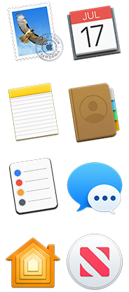 Symboler for Mail, Kalender, Noter, Kontakter, Påmindelser, Beskeder, Hjem og News