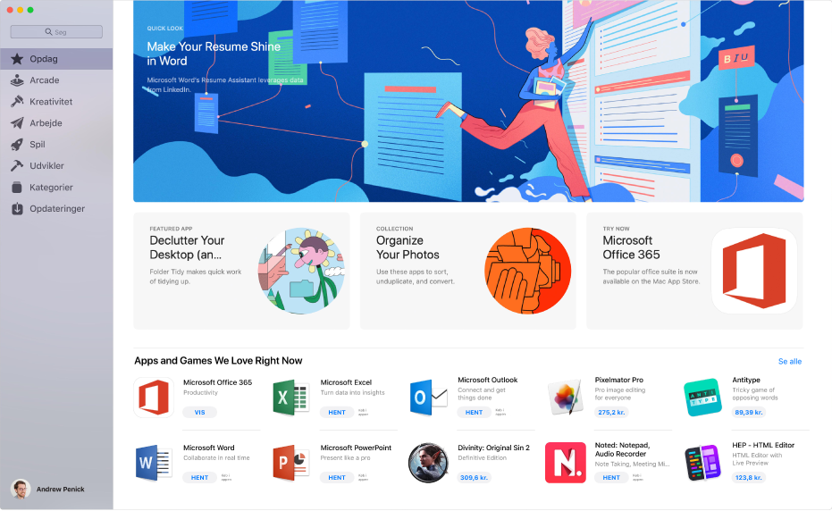 App Store-vinduet med indholdsoversigten til venstre og områder, der kan klikkes på, til højre, inklusive udvalgte programmer og samlinger og highlights fra redaktørerne.
