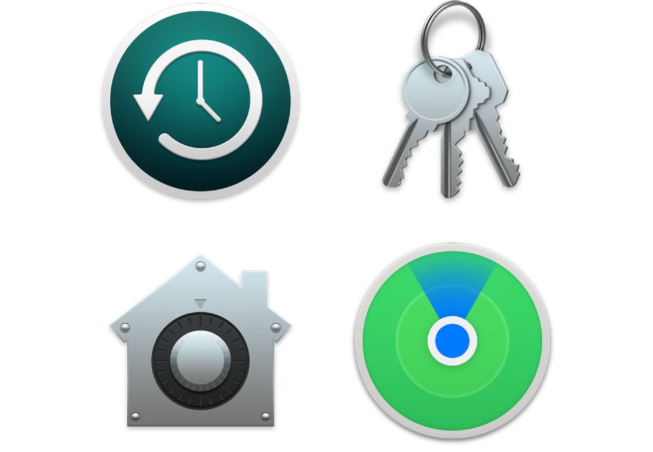 Symboler for sikkerhedsfunktioner, der er med til at beskytte dine data og din Mac.
