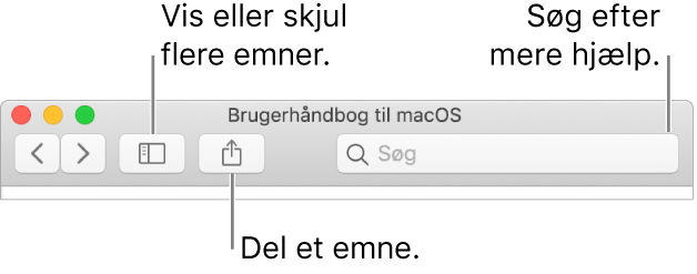 Et hjælpevindue, der viser knappen på værktøjslinjen, du kan klikke på for at få vist eller skjule indholdsfortegnelsen, knappen til deling af et emne og søgefeltet til søgning efter emner.