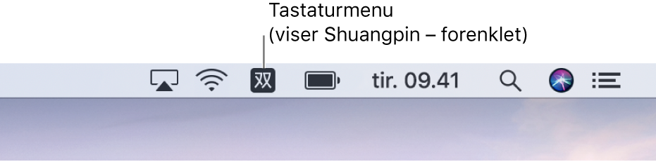 Den højre side af menulinjen. Symbolet for Tastaturmenuen vises og viser Shuangpin – forenklet.