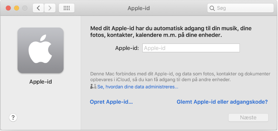 Log ind-vinduet til Apple-id er klar til indtastning af et navn og en adgangskode til Apple-id.