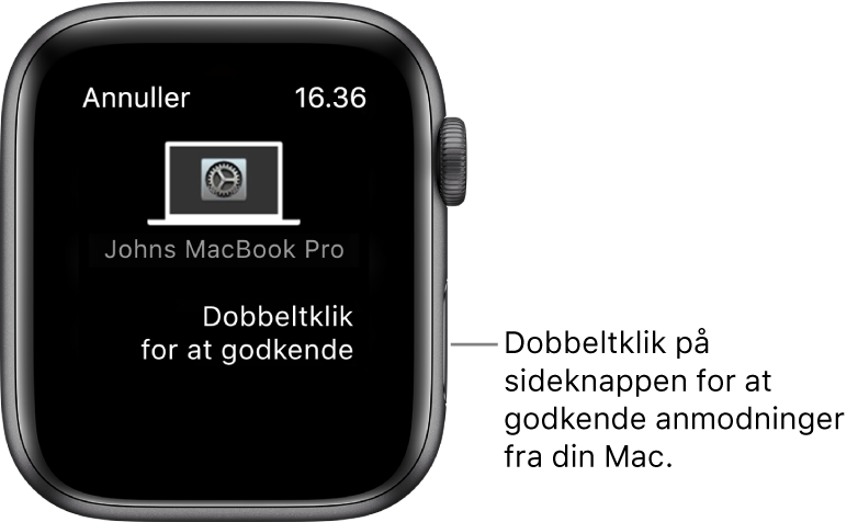 Apple Watch viser en anmodning om godkendelse fra en MacBook Pro.