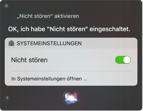 Das Siri-Fenster zeigt eine Anfrage zum Abschließen einer Aufgabe „Aktiviere Nicht stören“.