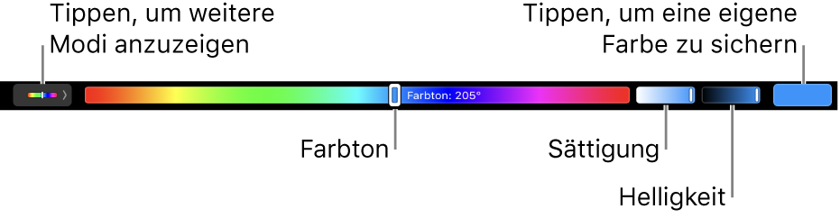 Die Touch Bar mit Schiebereglern für Farbton, Sättigung und Helligkeit für den HSB-Modus Links befindet sich die Taste zum Anzeigen aller Modi, rechts die Taste zum Sichern einer eigenen Farbe