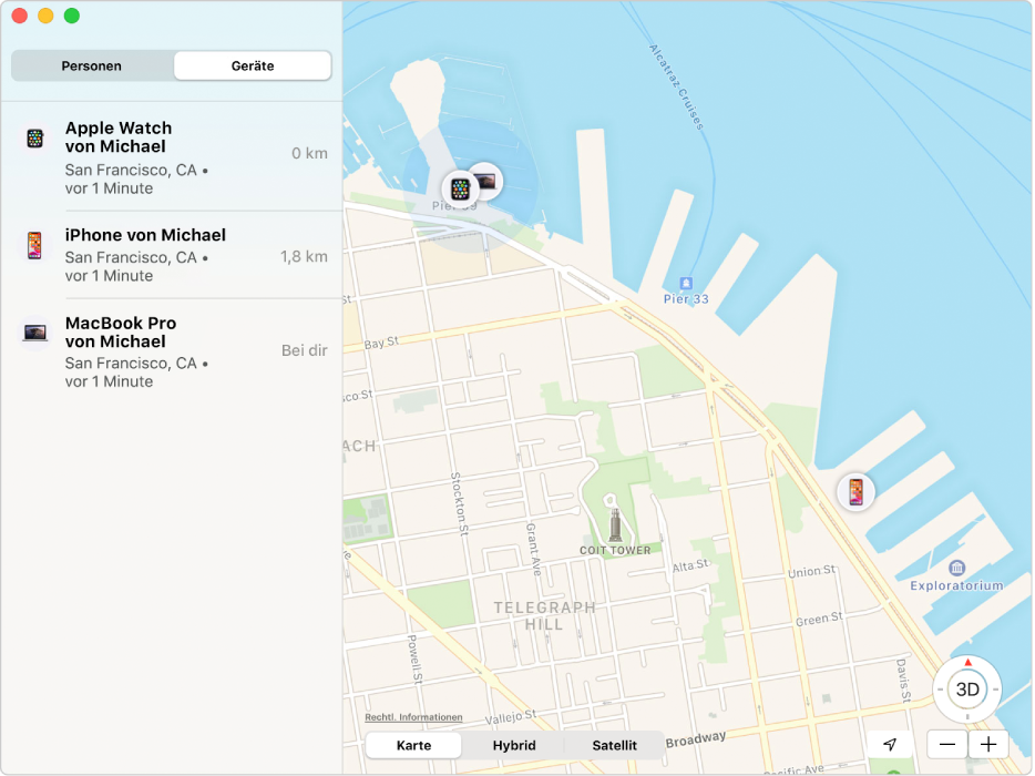 Die App „Wo ist?“ zeigt eine Liste der Geräte in der Seitenleiste und rechts eine Karte mit deren Standorten.