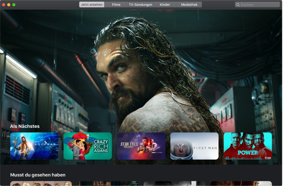 Das Fenster „Apple TV“ zeigt einen Film in der Kategorie „Jetzt ansehen“, der als Nächstes abgespielt wird.