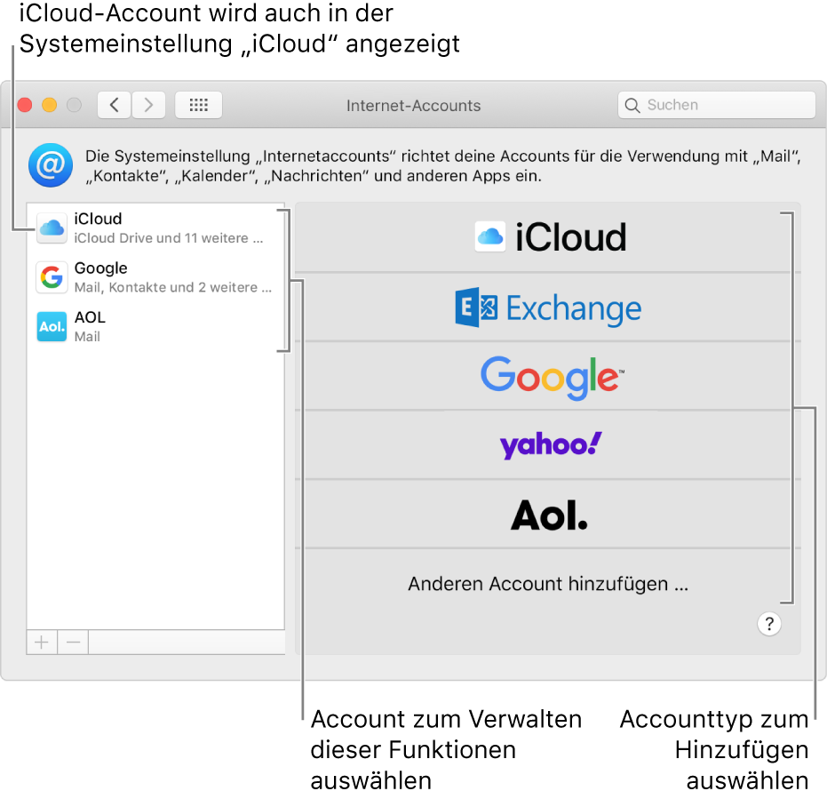 Systemeinstellung „Internetaccounts“ mit Accounts rechts und den verfügbaren Accounttypen links