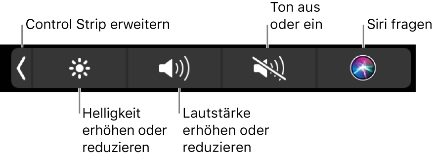 Der reduzierte Control Strip mit Tasten (von links nach rechts) zum Erweitern des Control Strip, Erhöhen oder Reduzieren der Bildschirmhelligkeit und Lautstärke, Aktivieren oder Deaktivieren der Stummschaltung und Verwenden von Siri