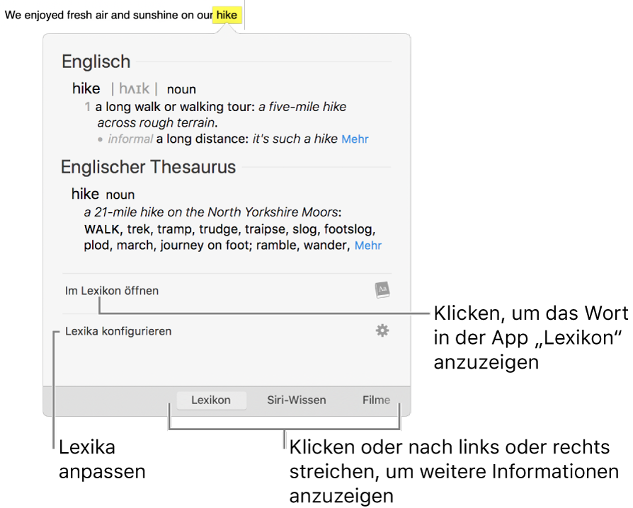 Das Fenster „Nachschlagen“ mit Definition für ein Wort aus Lexikon und Thesaurus