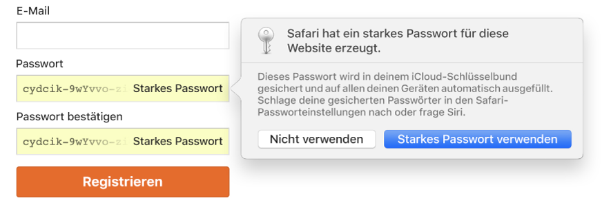 Safari-Meldung mit dem Hinweis, dass Safari für eine Website ein sicheres Passwort erstellt, das im iCloud-Schlüsselbund gespeichert wird.