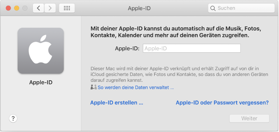 Apple-ID-Dialogfenster für die Eingabe eines Namens für eine Apple-ID Ein Link „Apple-ID erstellen“ ermöglicht es dir, eine neue Apple-ID zu erstellen.