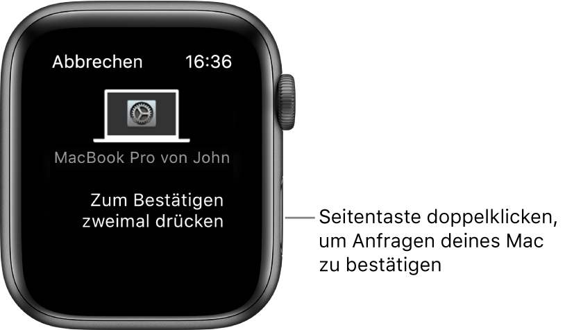 Die Apple Watch zeigt eine Bestätigungsanfrage von einem MacBook Pro an.