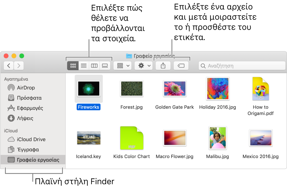 Ένα παράθυρο του Finder με την πλαϊνή στήλη του Finder στα αριστερά. Στην πάνω αριστερή πλευρά του παραθύρου υπάρχουν τέσσερα κουμπιά στα οποία κάνετε κλικ για να αλλάξετε τον τρόπο που προβάλλετε στοιχεία στο παράθυρο του Finder. Στα δεξιά, υπάρχουν δύο κουμπιά στα οποία κάνετε κλικ για κοινή χρήση ή προσθήκη ετικέτας σε επιλεγμένα αρχεία.