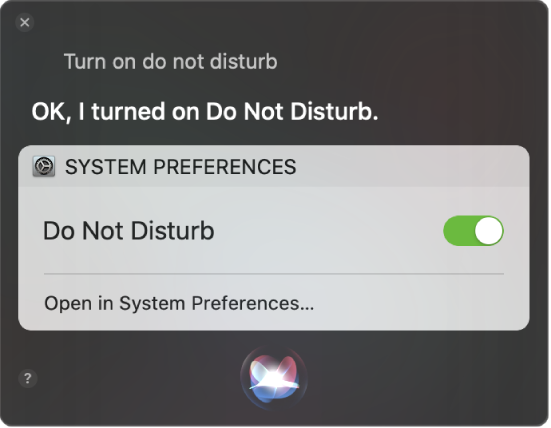 Το παράθυρο του Siri που δείχνει ένα αίτημα για ολοκλήρωση της εργασίας, «Turn on do not disturb».