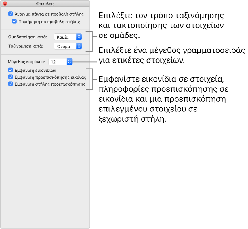 Επιλογές προβολής στηλών Μπορείτε να επιλέξετε πώς τακτοποιούνται σε ομάδες και ταξινομούνται τα στοιχεία, να επιλέξετε μέγεθος γραμματοσειράς για ετικέτες στοιχείου, εμφάνιση εικονιδίων με στοιχεία, εμφάνιση πληροφοριών προεπισκόπησης σε εικονίδια και εμφάνιση προεπισκόπησης επιλεγμένων στοιχείων σε ξεχωριστή στήλη.