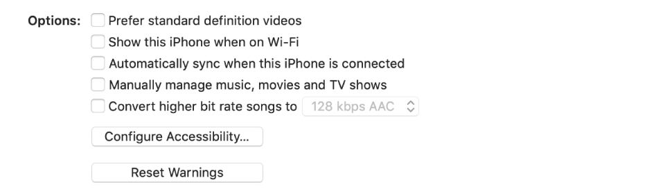 Syncing options appear in a list of tick boxes, including the “Prefer standard definition videos” and the “Convert higher bit rate songs to” tick boxes